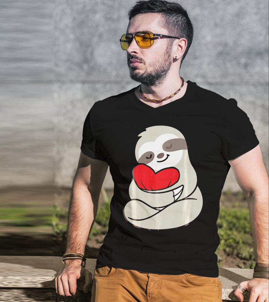 Sloth Hugging Heart Love Valentines T-Shirt