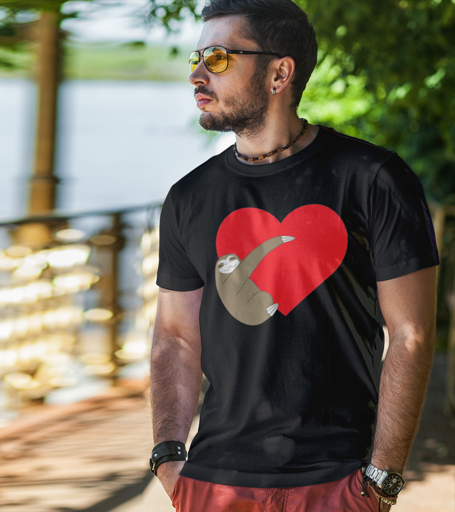 Sloth Hugging Heart Cute Pocket Va T-Shirt