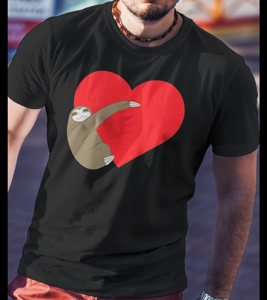 Sloth Hugging Heart Cute Pocket Va T-Shirt