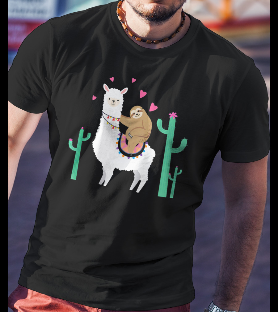 Sloth Riding Llama With Hearts And Cacti T-Shirt