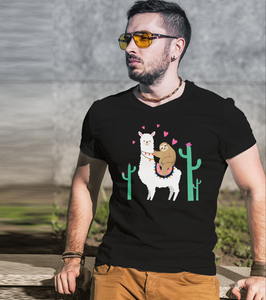 Sloth Riding Llama With Hearts And Cacti T-Shirt