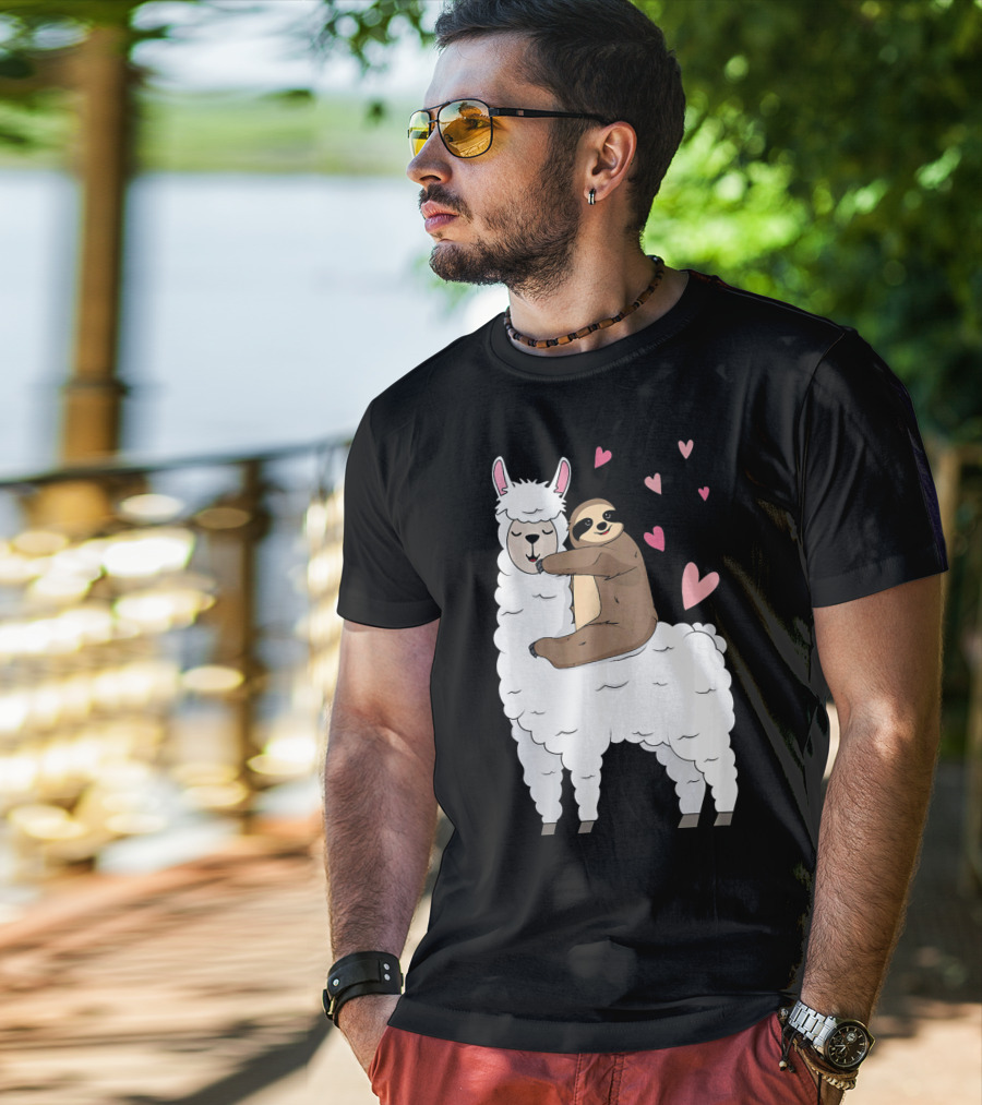 Sloth Riding Llama Cute Hearts Valentines Day T-Shirt