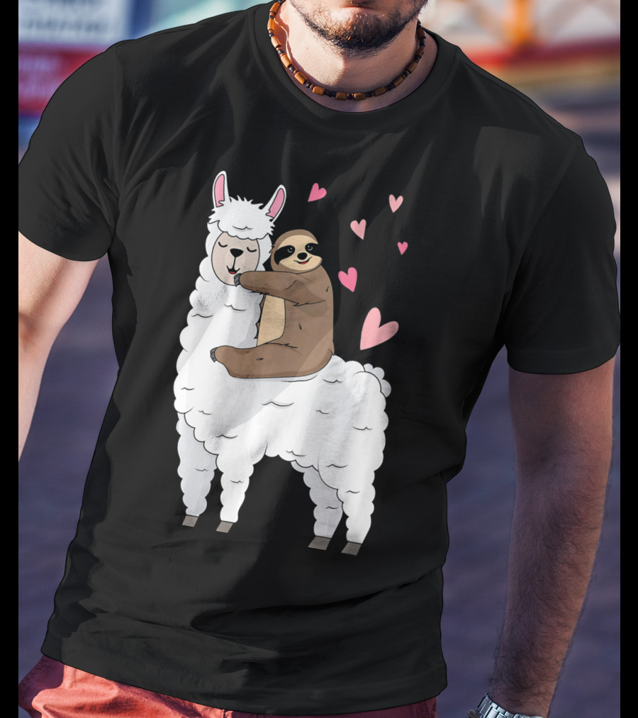 Sloth Riding Llama Cute Hearts Valentines Day T-Shirt