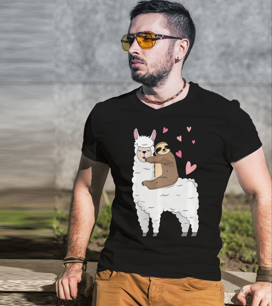 Sloth Riding Llama Cute Hearts Valentines Day T-Shirt