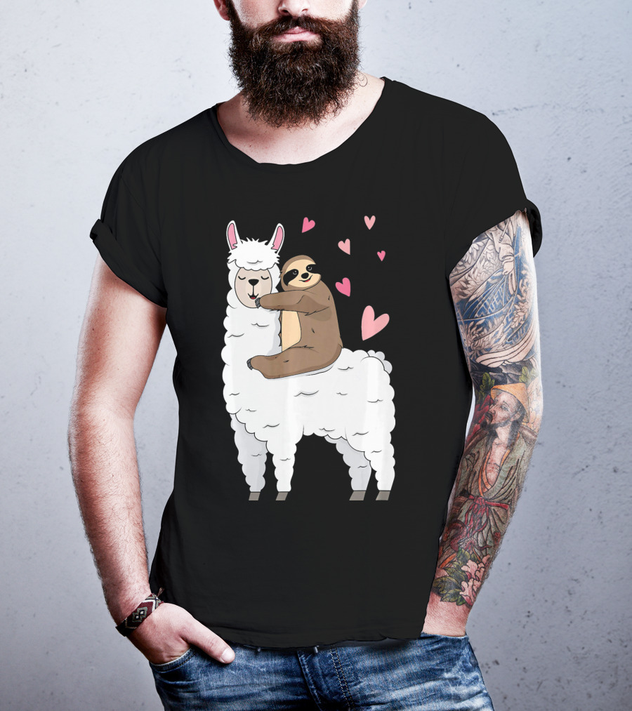 Sloth Riding Llama Cute Hearts Valentines Day T-Shirt
