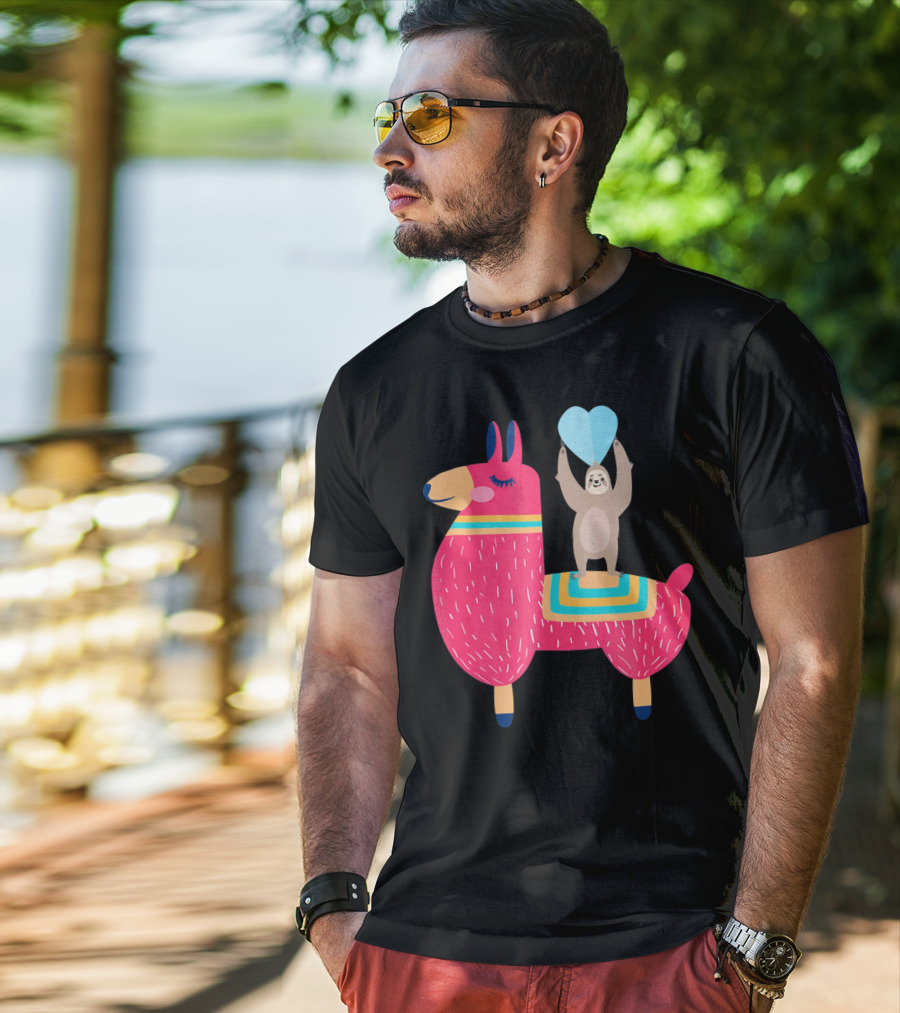 Sloth Riding Llama With Heart Balloon T-Shirt
