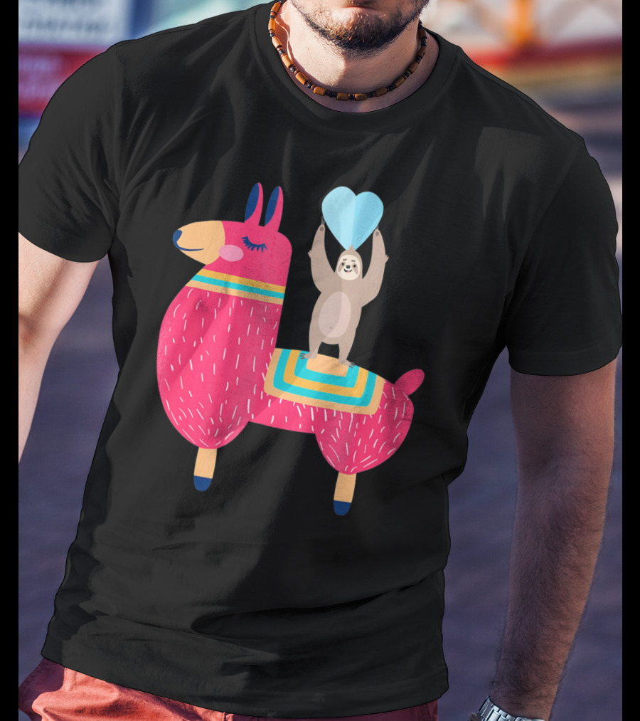 Sloth Riding Llama With Heart Balloon T-Shirt
