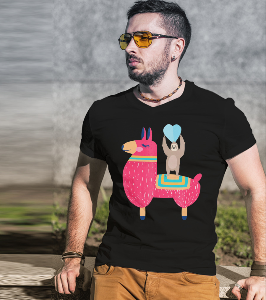 Sloth Riding Llama With Heart Balloon T-Shirt