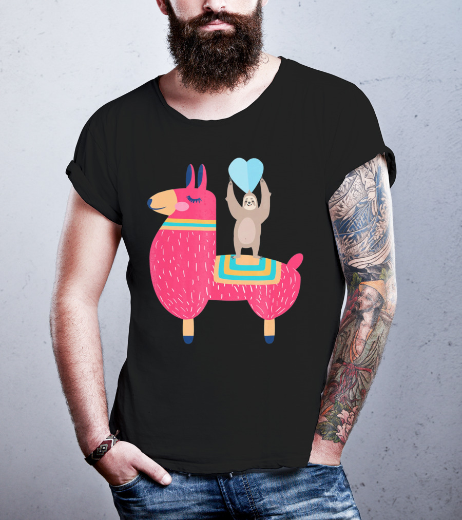 Sloth Riding Llama With Heart Balloon T-Shirt
