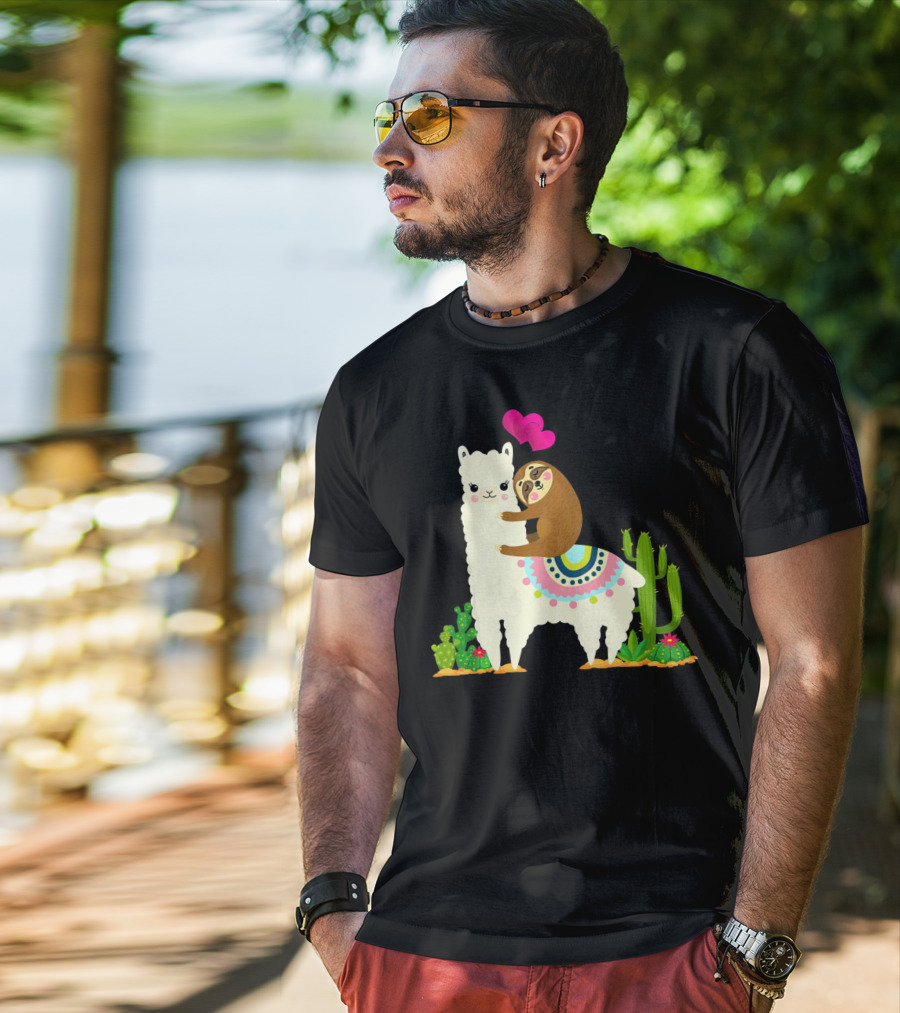 Sloth Riding Llama With Pink Hearts And Cactus Funny Valentin T-Shirt