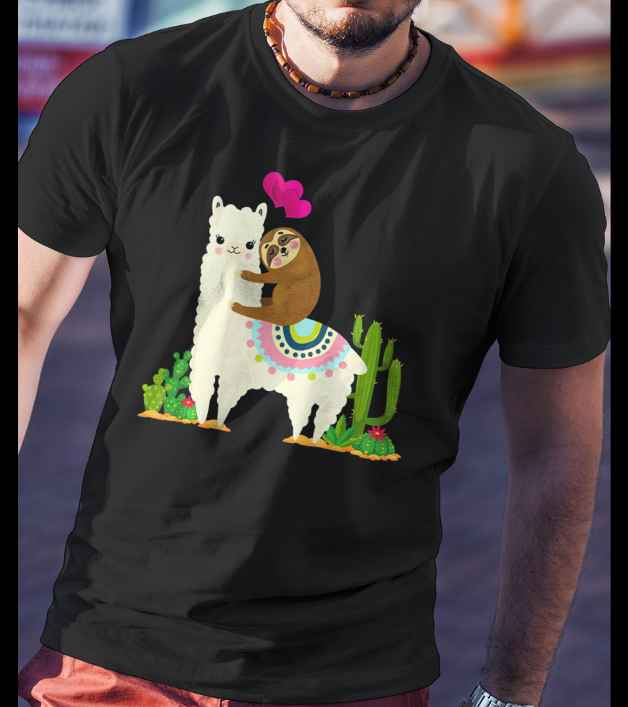 Sloth Riding Llama With Pink Hearts And Cactus Funny Valentin T-Shirt
