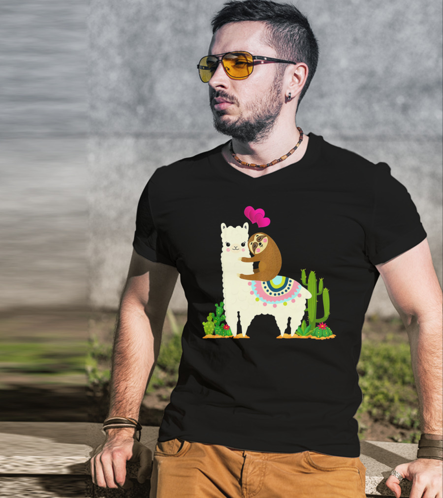 Sloth Riding Llama With Pink Hearts And Cactus Funny Valentin T-Shirt