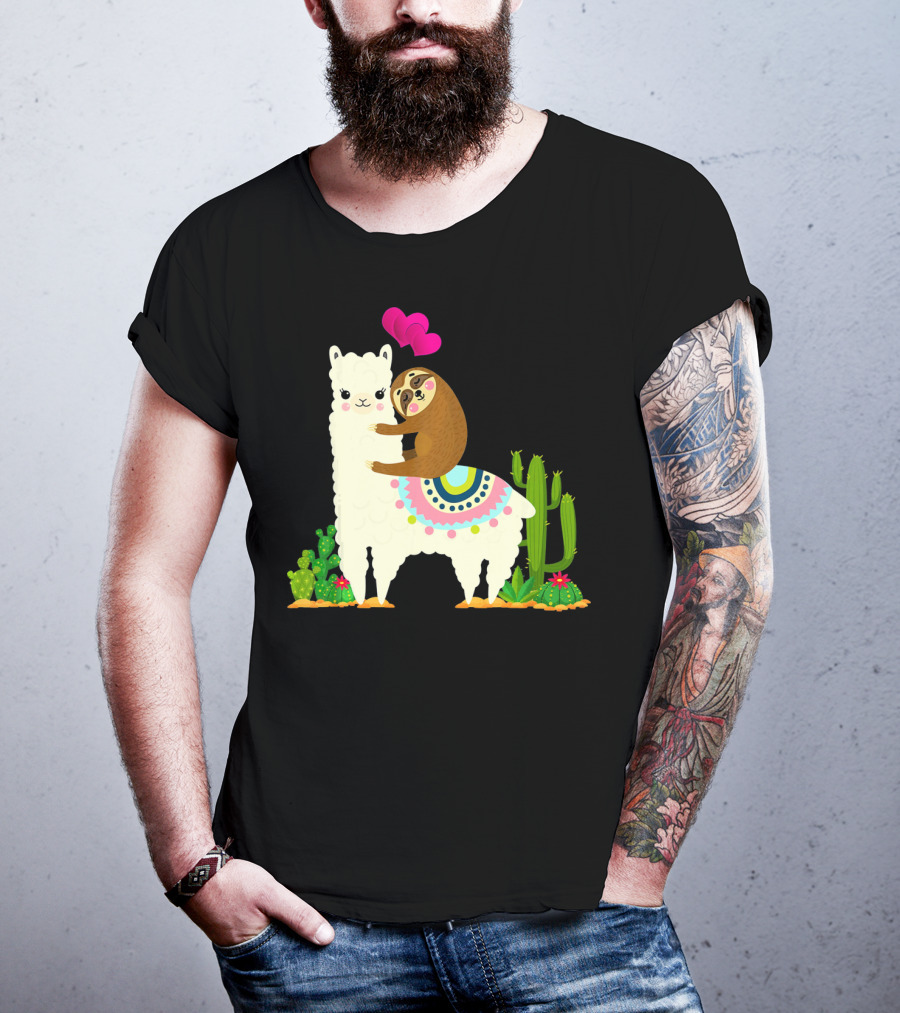 Sloth Riding Llama With Pink Hearts And Cactus Funny Valentin T-Shirt