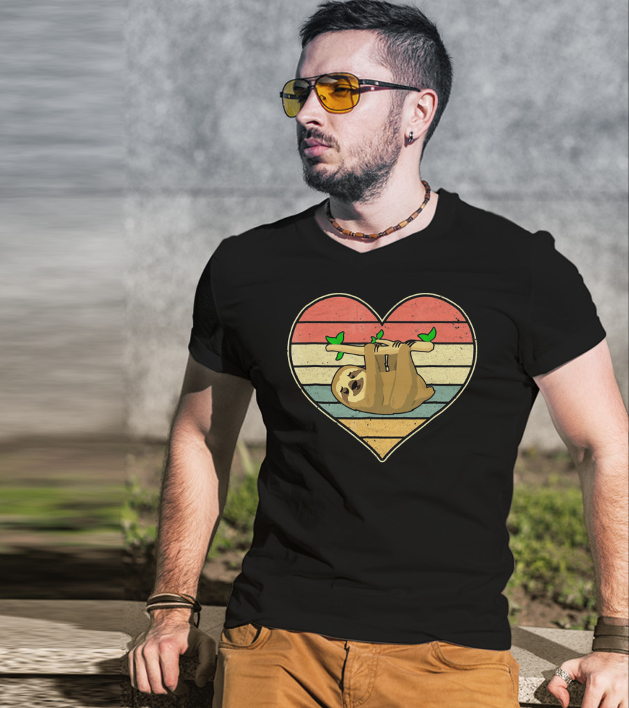 Vintage Sloth Hanging In Striped Heart For Val T-Shirt