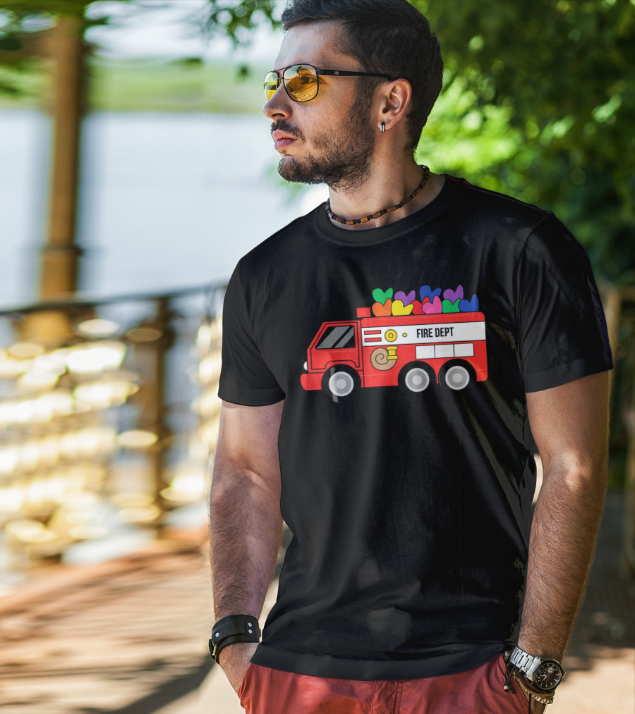 Fire Dept Valentine Hearts Sloth Fire Truck T-Shirt