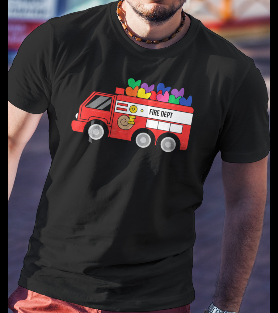 Fire Dept Valentine Hearts Sloth Fire Truck T-Shirt