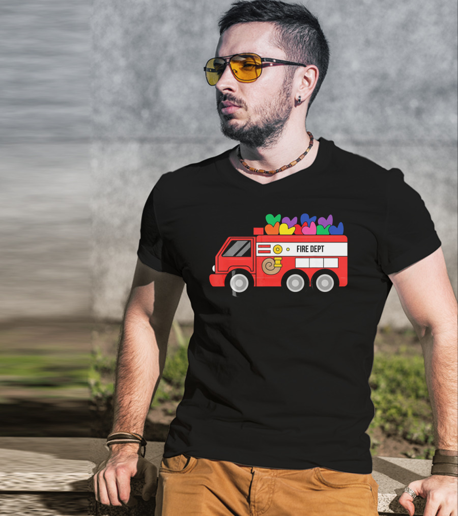 Fire Dept Valentine Hearts Sloth Fire Truck T-Shirt