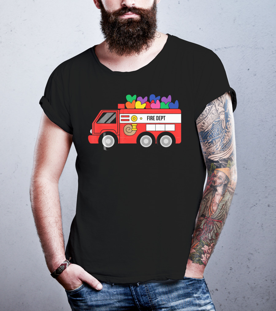 Fire Dept Valentine Hearts Sloth Fire Truck T-Shirt