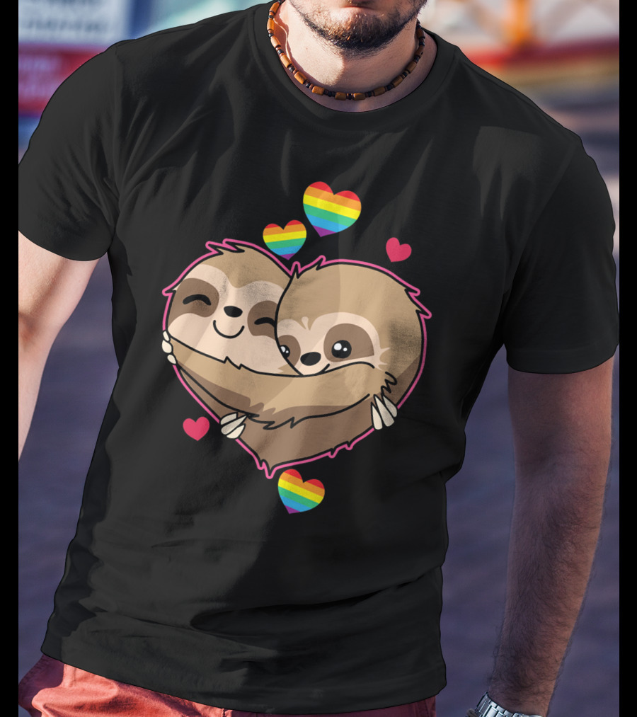 Valentines Day Sloth Heart With Rainbow Hearts T-Shirt