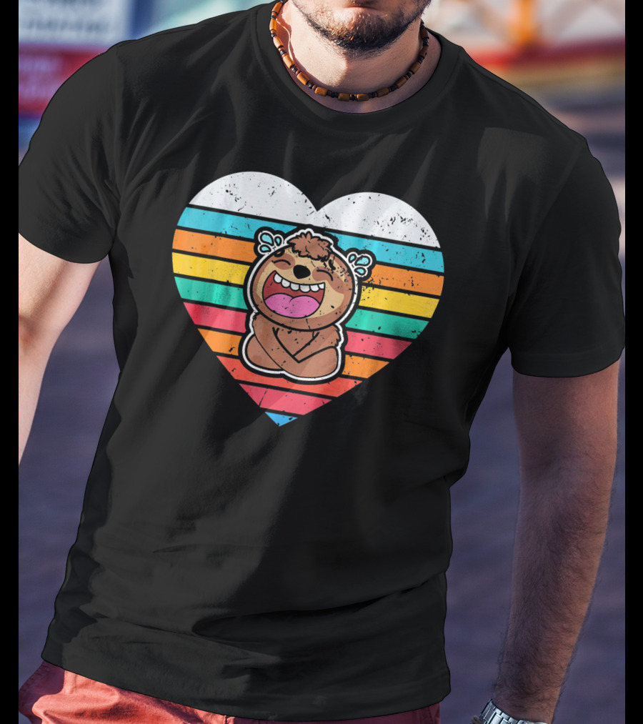 Retro Striped Laughing Sloth Heart Valentine's Day T-Shirt