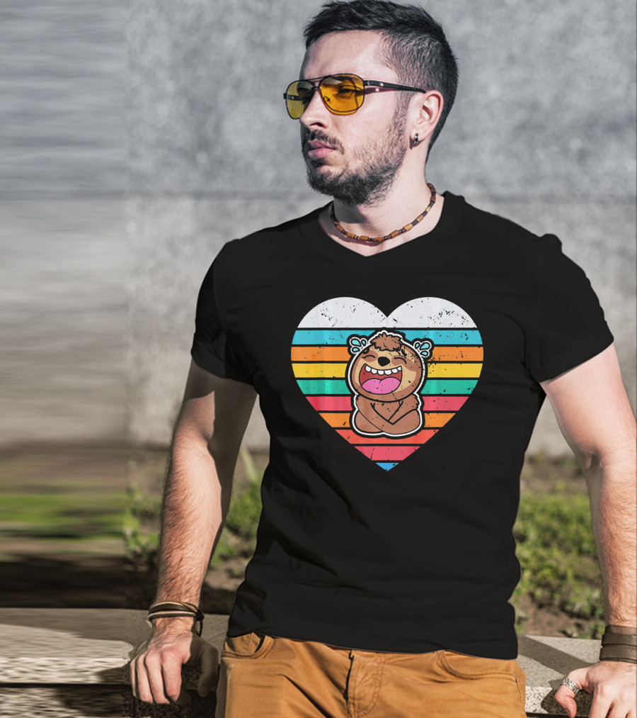 Retro Striped Laughing Sloth Heart Valentine's Day T-Shirt