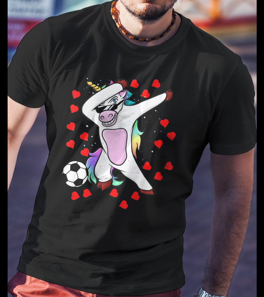 Soccer Is My Valentine Unicorn Dabbing Surrounded By Hearts T-Shirt