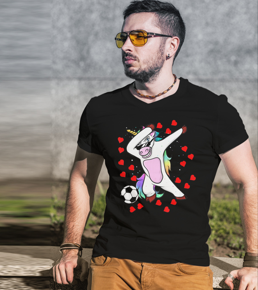 Soccer Is My Valentine Unicorn Dabbing Surrounded By Hearts T-Shirt