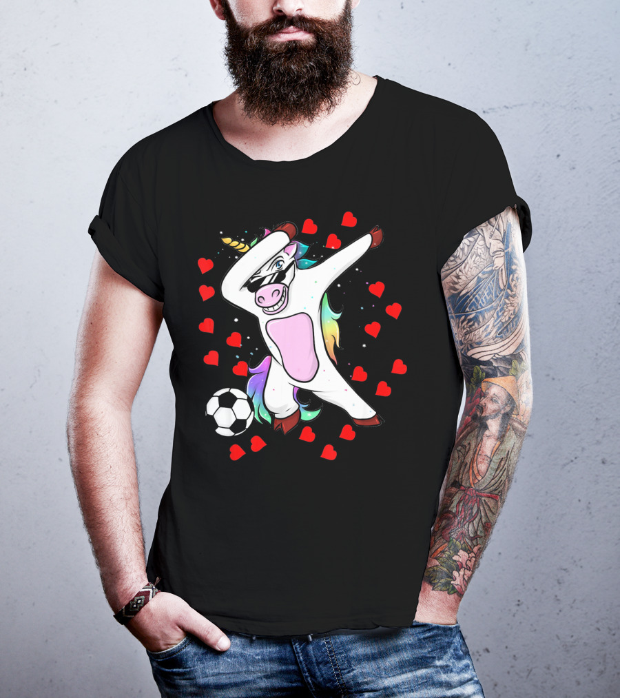 Soccer Is My Valentine Unicorn Dabbing Surrounded By Hearts T-Shirt
