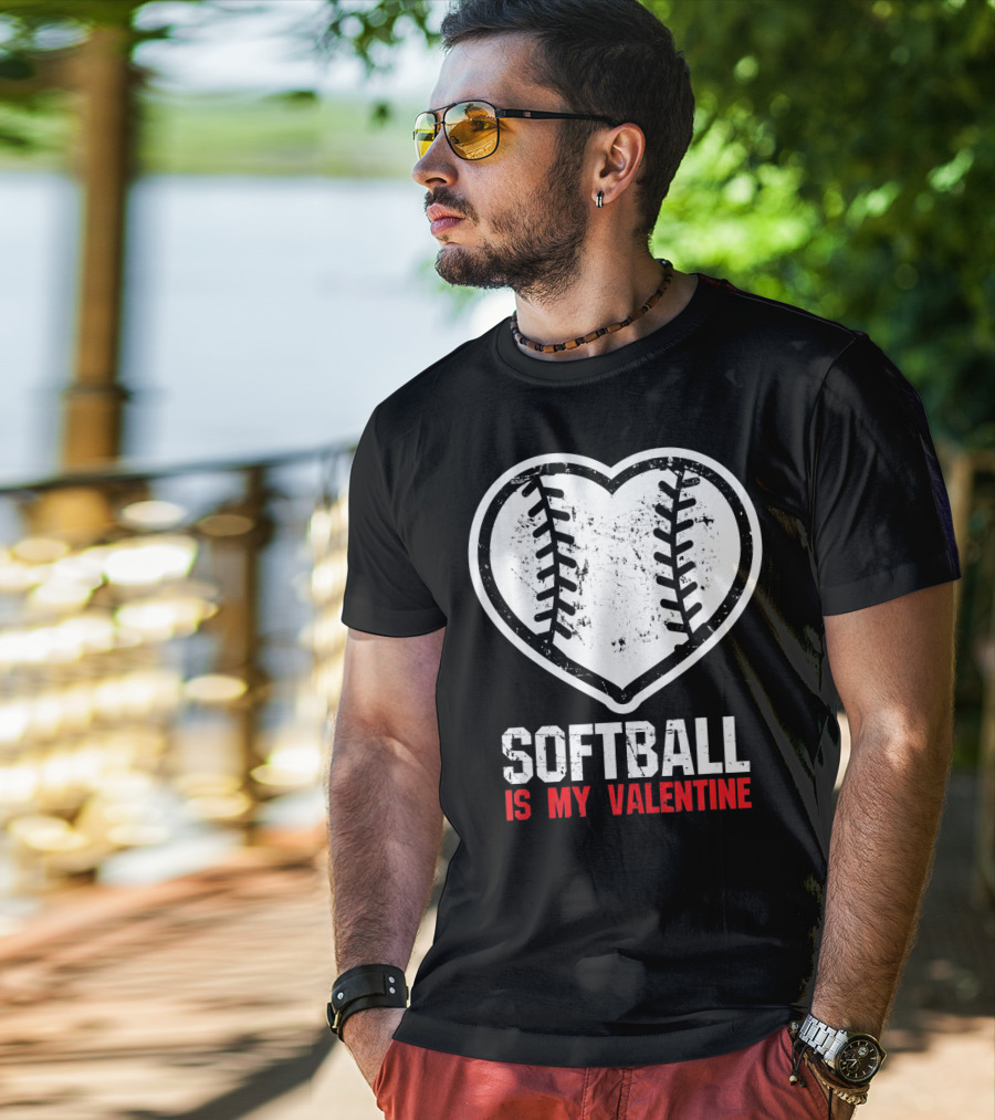 Softball Is My Valentine Heartball Stitching T-Shirt