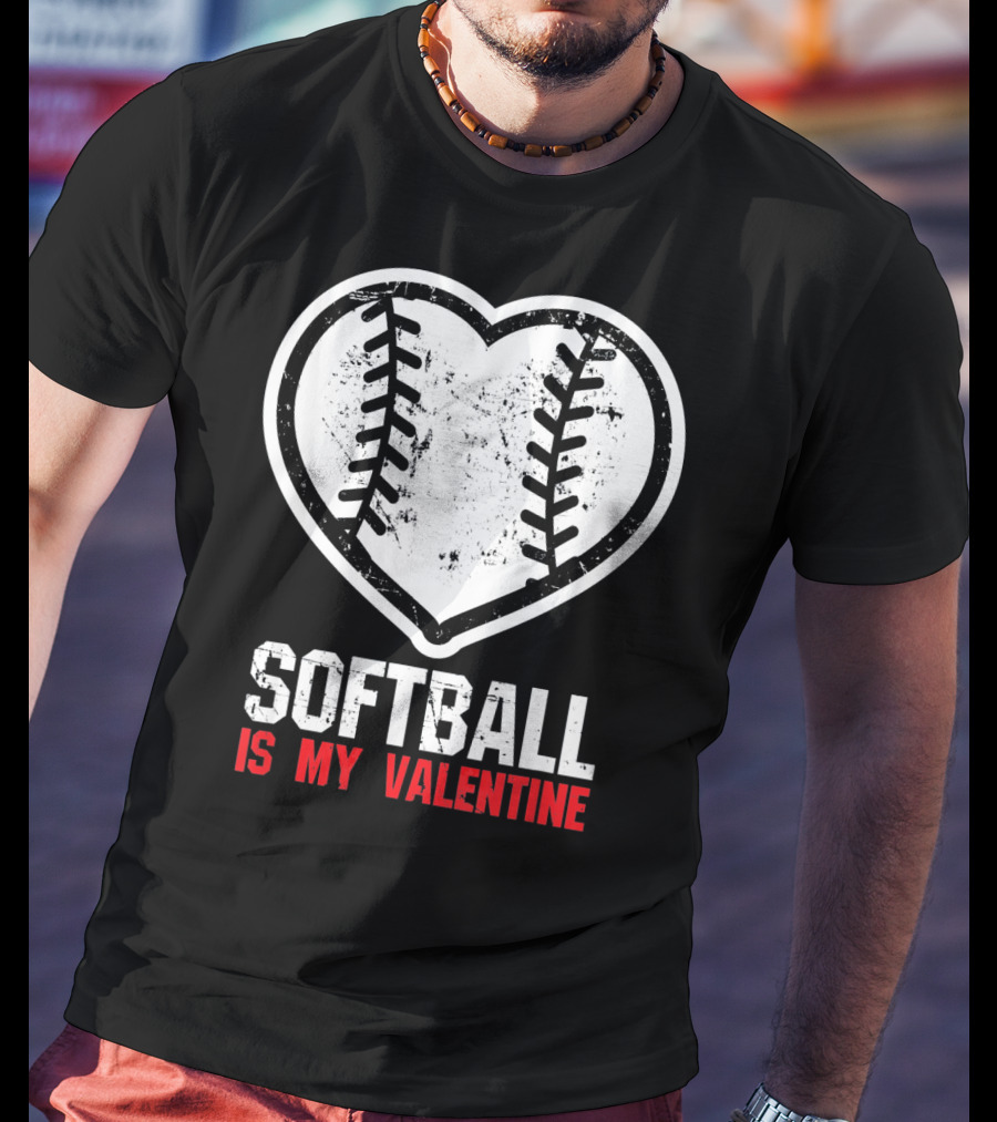 Softball Is My Valentine Heartball Stitching T-Shirt