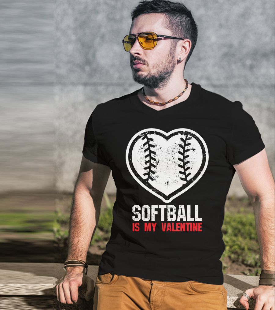 Softball Is My Valentine Heartball Stitching T-Shirt