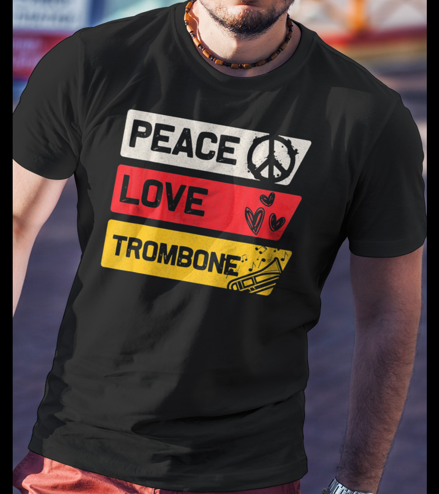 Peace Sign Love Heart Trombone Music Symbols T-Shirt