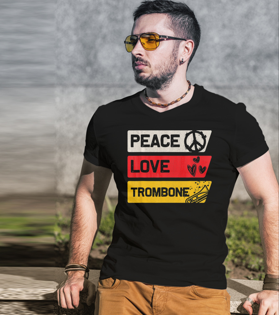 Peace Sign Love Heart Trombone Music Symbols T-Shirt