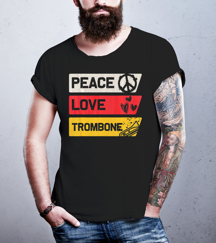 Peace Sign Love Heart Trombone Music Symbols T-Shirt