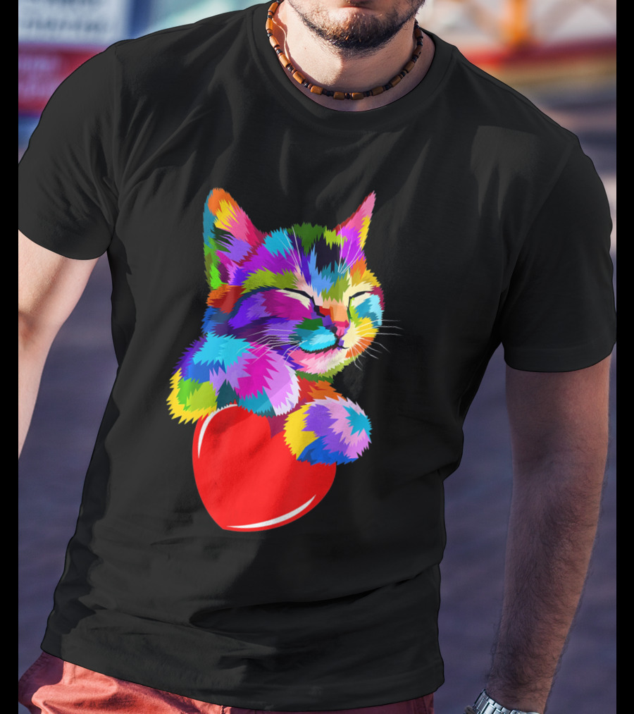 This Valentines My Cat Holds My Heart Colorful Kitten With Red Heart T-Shirt