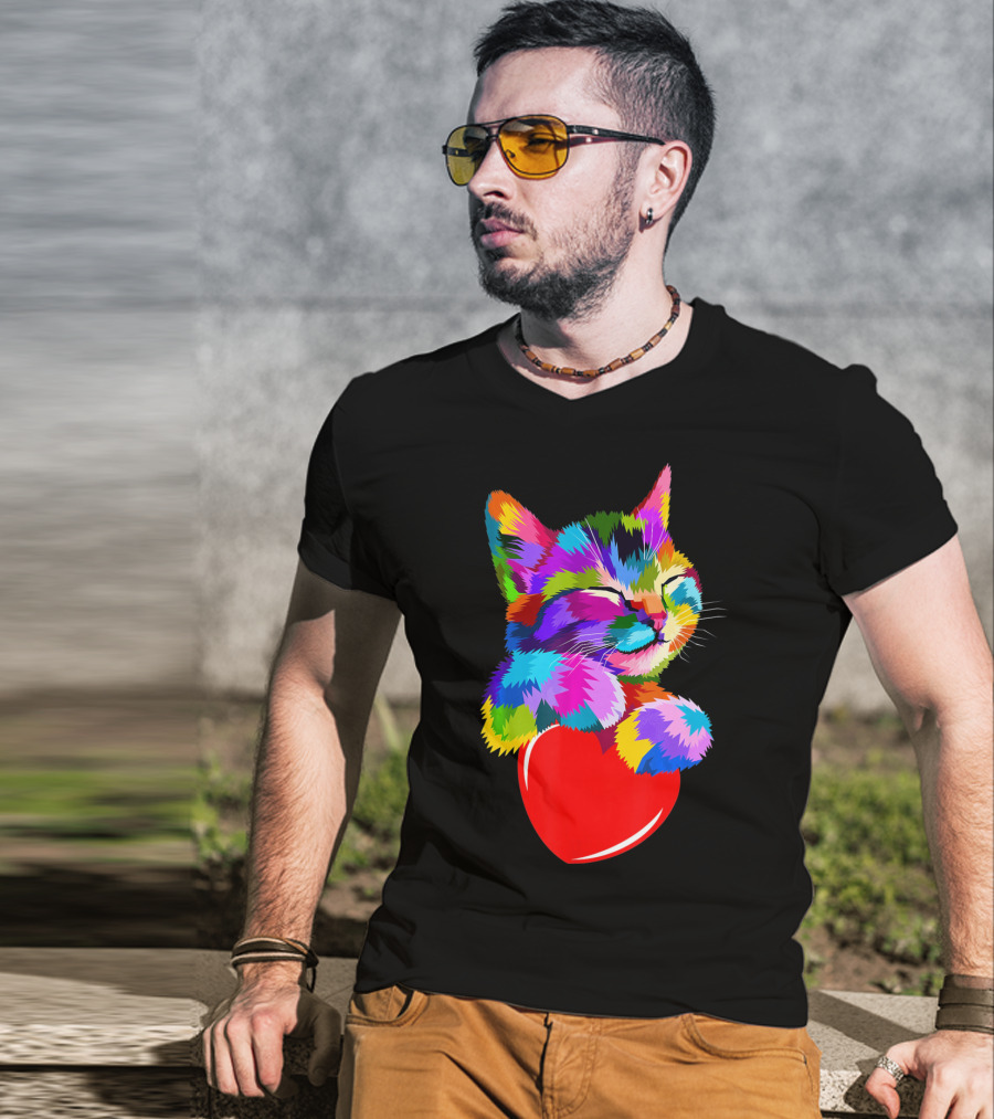 This Valentines My Cat Holds My Heart Colorful Kitten With Red Heart T-Shirt