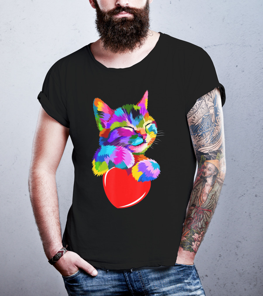 This Valentines My Cat Holds My Heart Colorful Kitten With Red Heart T-Shirt