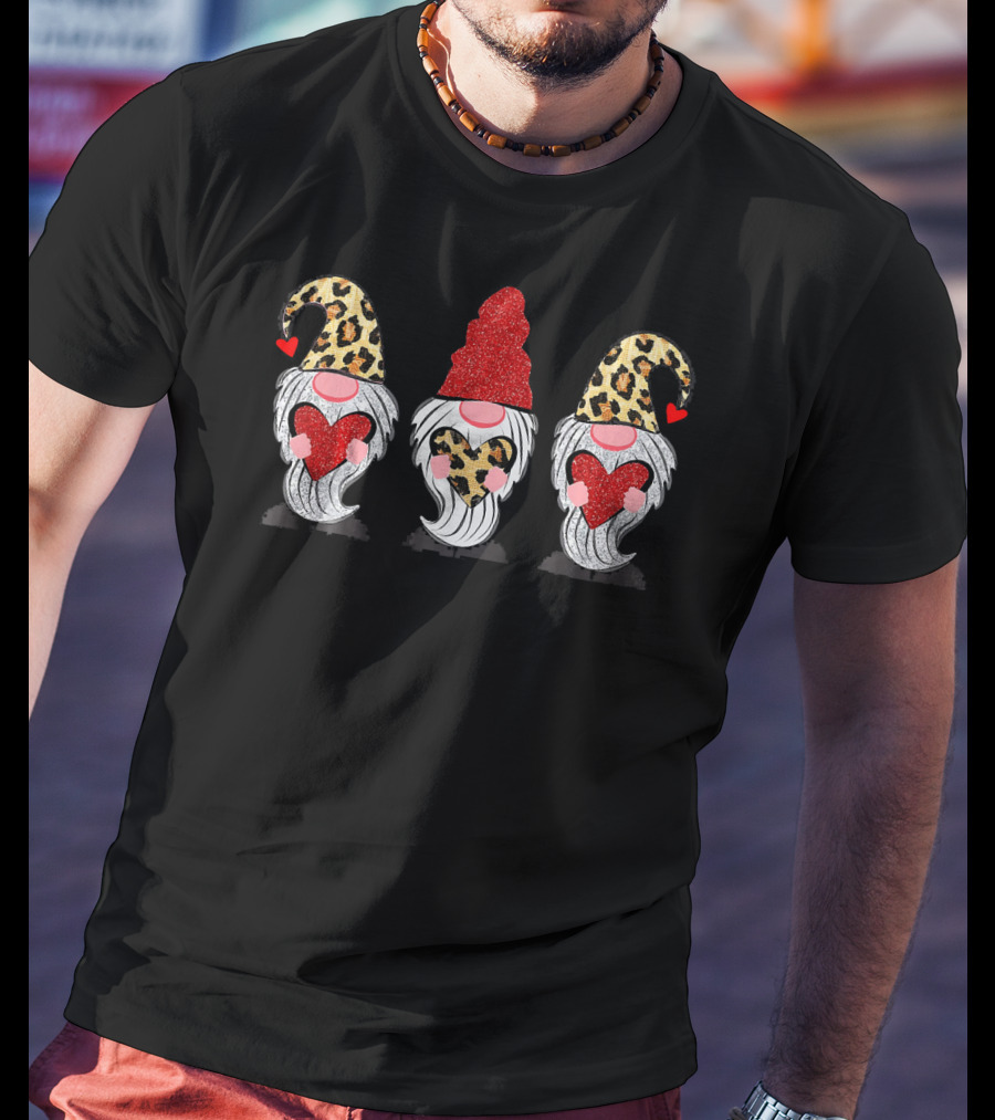 Three Gnomes With Leopard Hats And Glitter Hearts T-Shirt