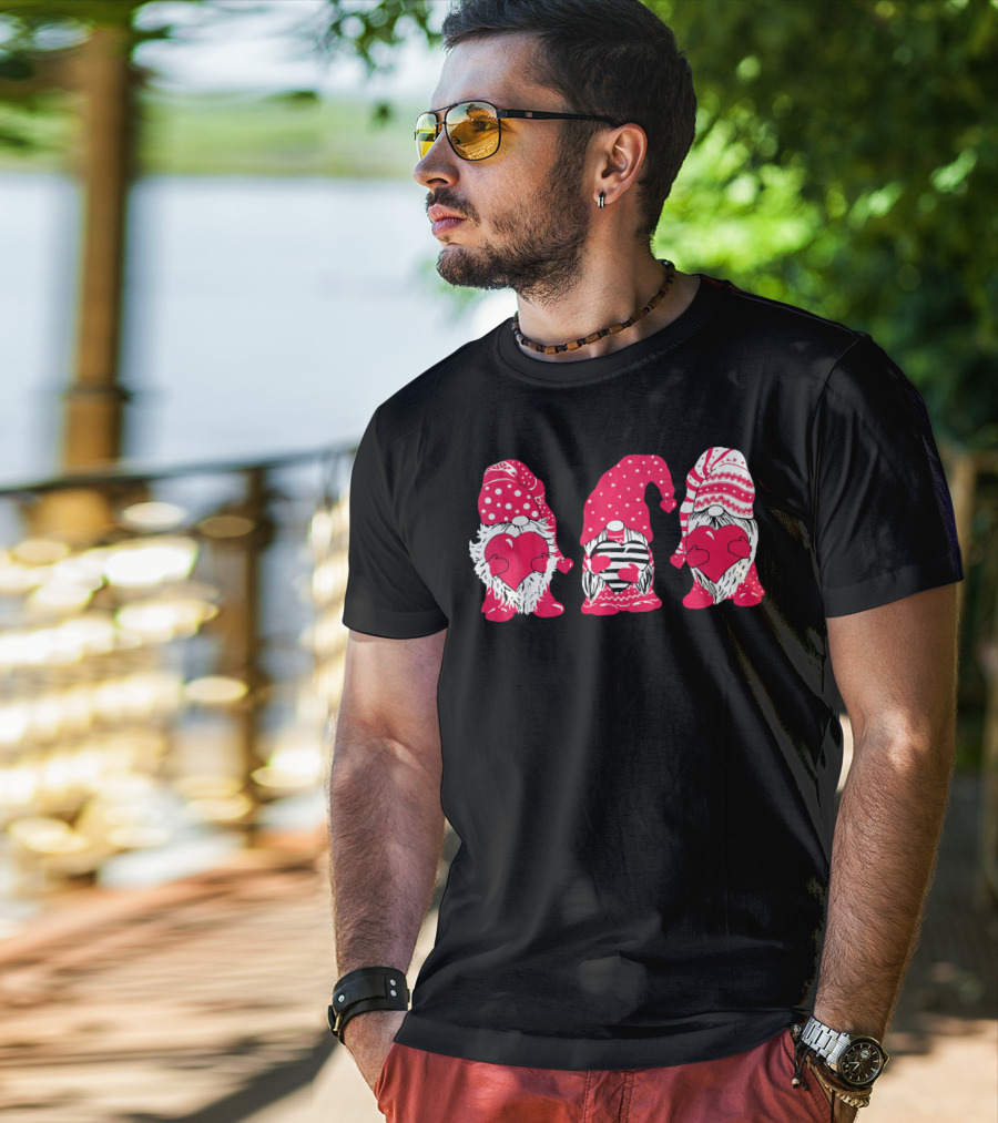 Three Pink Gnomes Holding Love Hearts Valentine T-Shirt