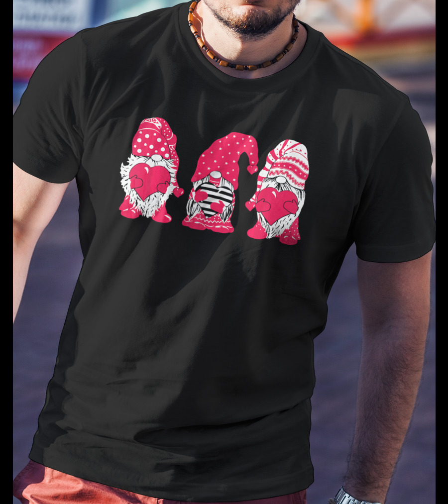Three Pink Gnomes Holding Love Hearts Valentine T-Shirt