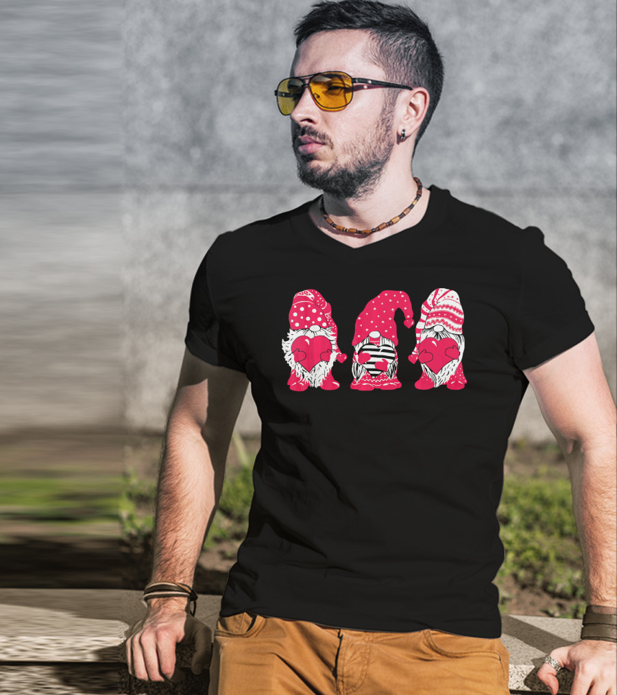 Three Pink Gnomes Holding Love Hearts Valentine T-Shirt