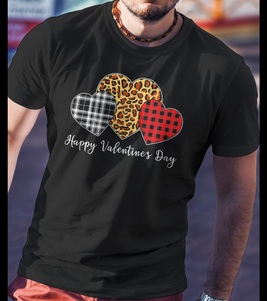 Happy Valentine's Day Three Hearts Leopard Buffalo Plaid T-Shirt