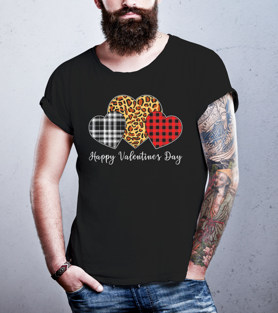 Happy Valentine's Day Three Hearts Leopard Buffalo Plaid T-Shirt