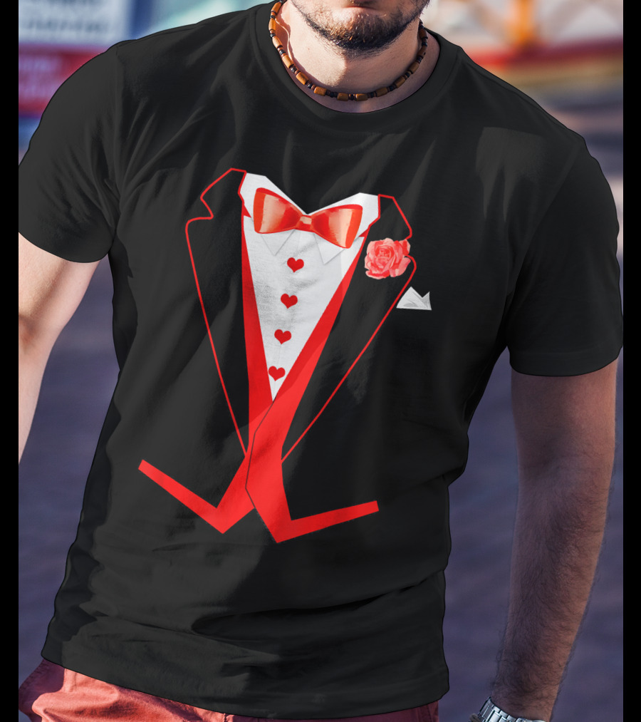 Tuxedo Red Hearts Cool Funny Valentines Bow Tie Rose T-Shirt