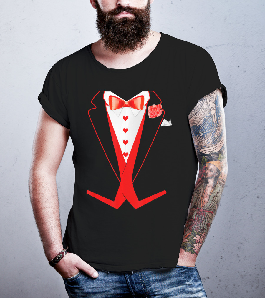 Tuxedo Red Hearts Cool Funny Valentines Bow Tie Rose T-Shirt