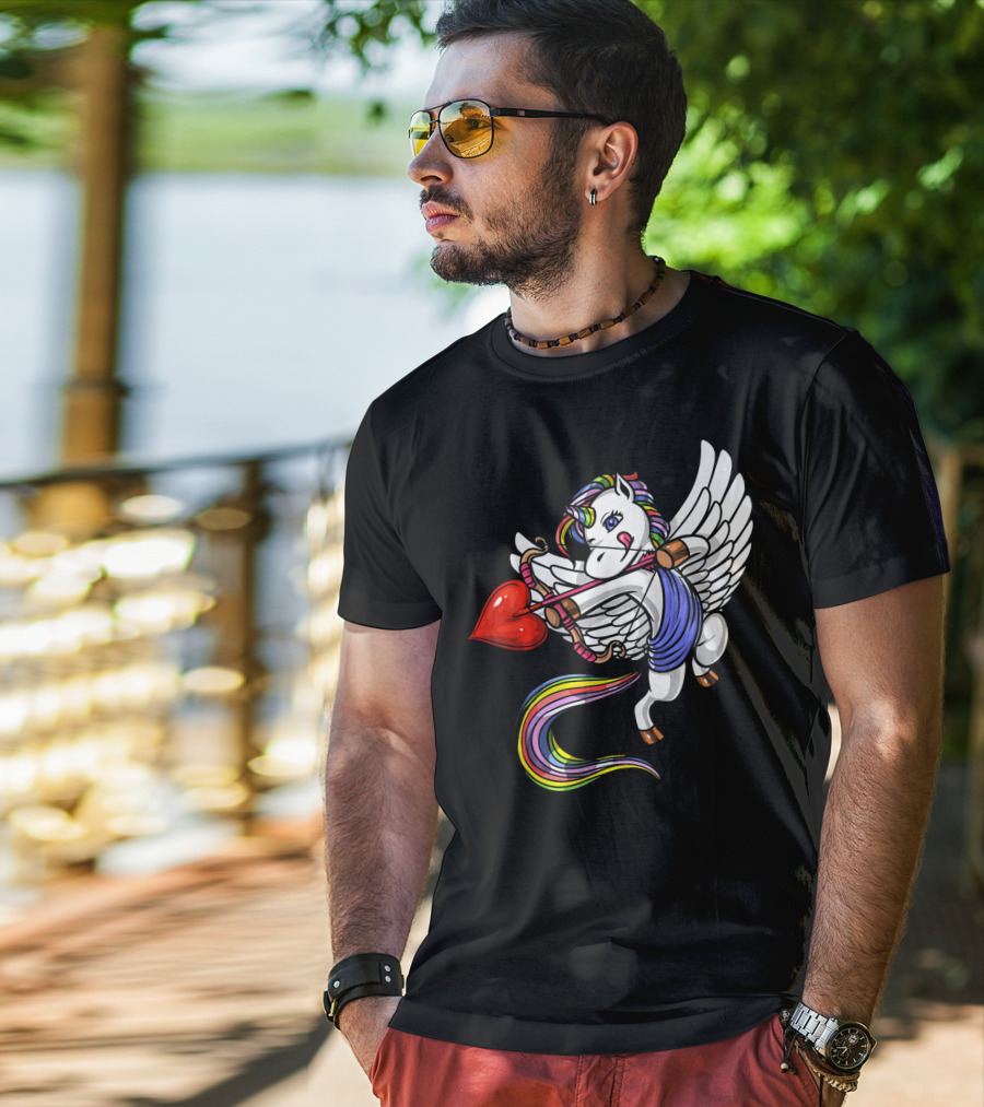 Unicorn Cupid Heart Valentines Day Rainbow Pegasus T-Shirt