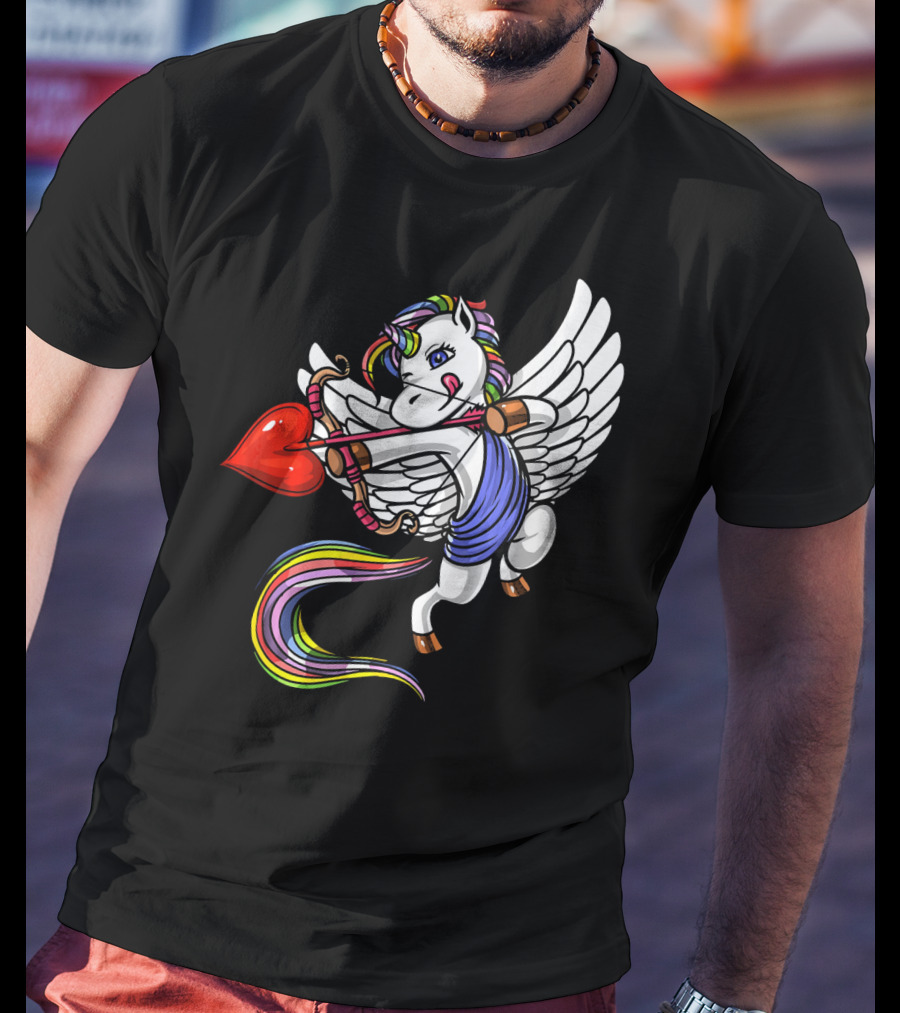 Unicorn Cupid Heart Valentines Day Rainbow Pegasus T-Shirt