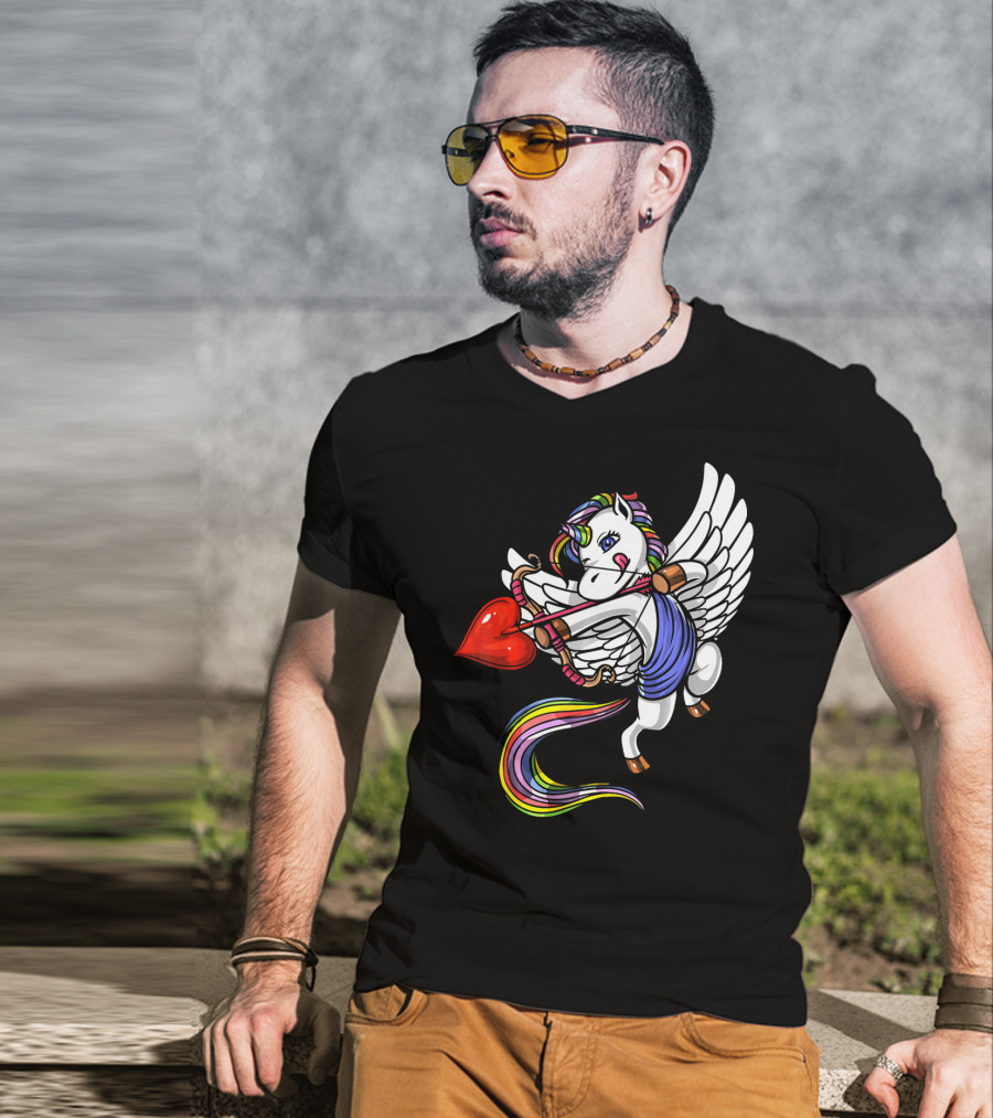 Unicorn Cupid Heart Valentines Day Rainbow Pegasus T-Shirt
