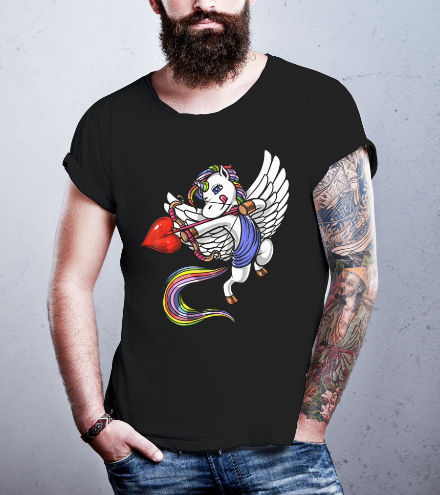 Unicorn Cupid Heart Valentines Day Rainbow Pegasus T-Shirt
