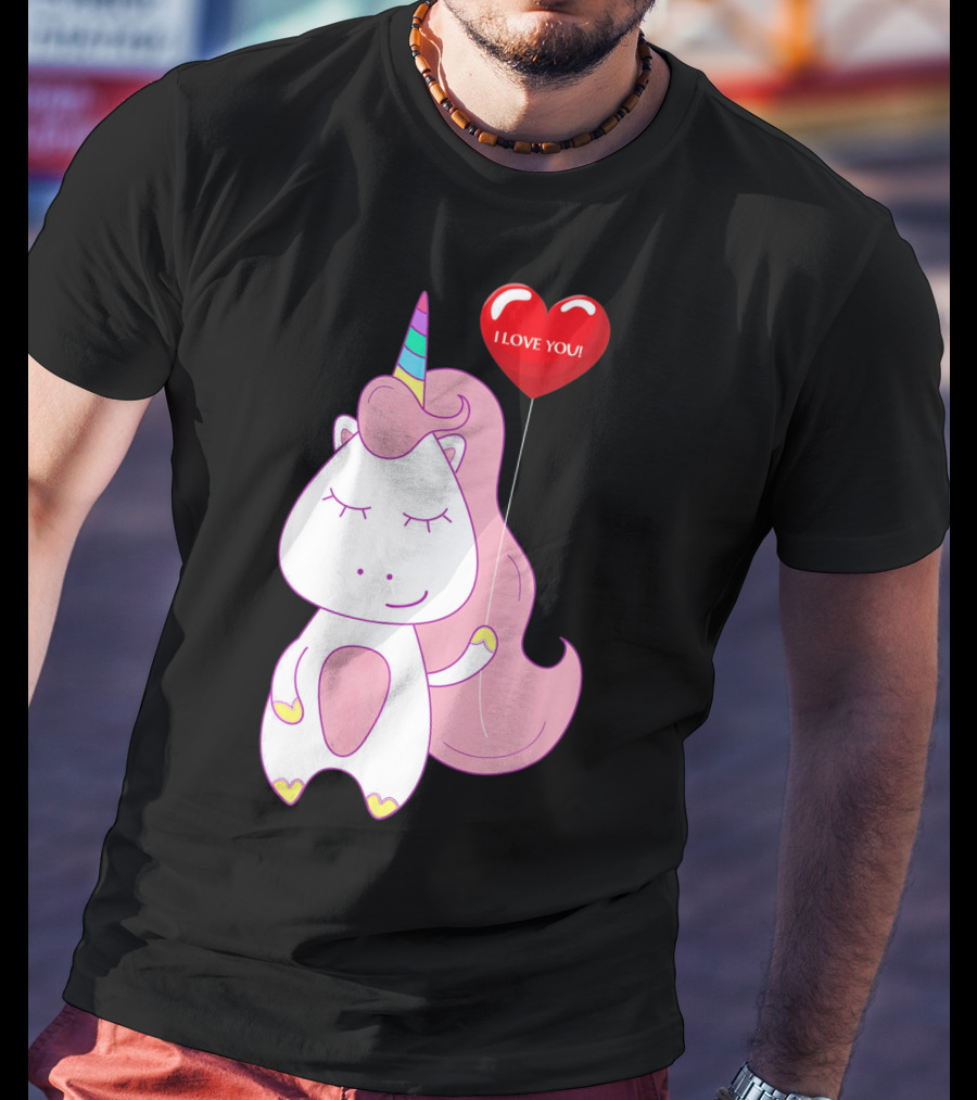Unicorn Holding Heart Balloon With I Love You Message Valentine T-Shirt